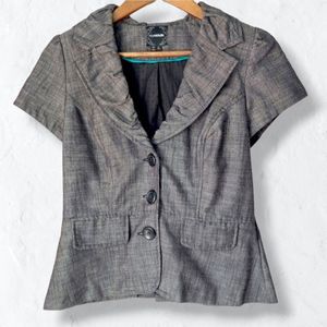 My Michelle Gray Fitted Academia Blazer w/ Shoulder Pads Ruched Lapels Sz L